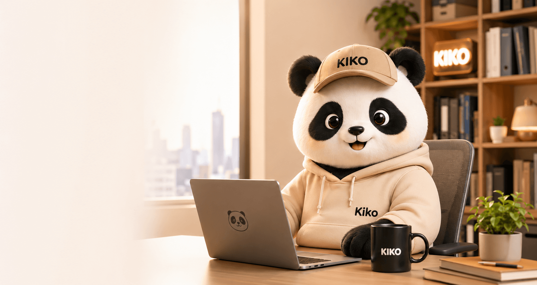 Kiko 熊猫 AI 助手坐在办公桌前